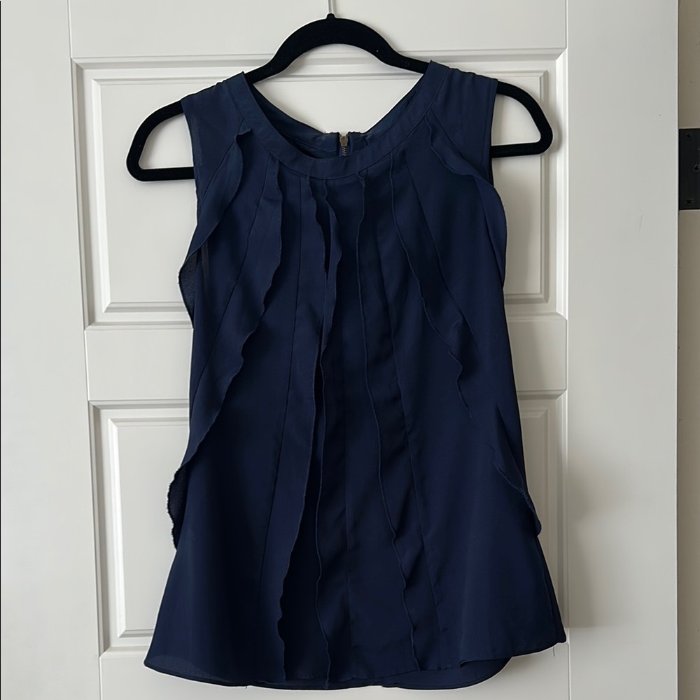Blue Ruffled Sleeveless Blouse with Round Neckline